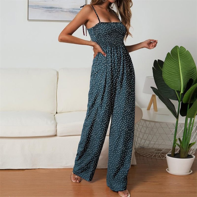 Lossky Rompers Womens Jumpsuit Polka-dot Print Bow-knot Straps Wide-leg Pants Jumpsuit Boho Chi Loose Long Red Summer Jumpsuits