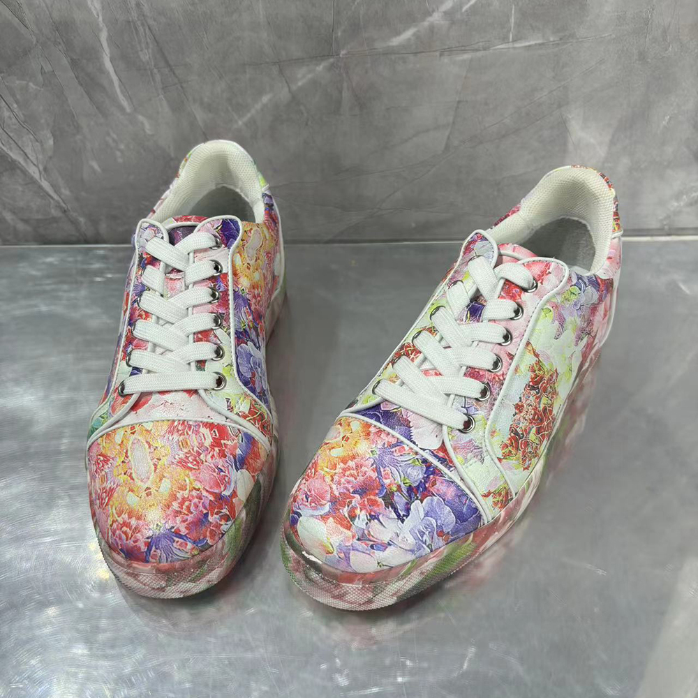 Gentleman's Red bottom Sneakers Flower Pattern Polyester Round Toe Sneakers-vocosishoes