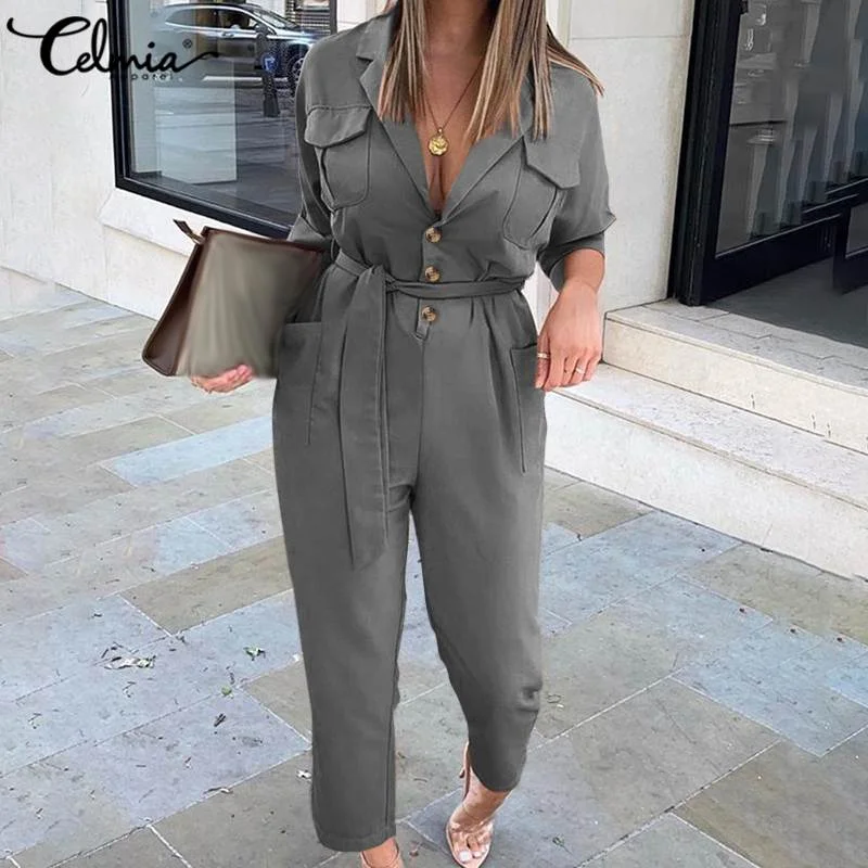 Vintage Cargo Rompers Women's Elegant Office Jumpsuits Celmia 2022 Autumn Long Sleeve Suit Collar Casual Solid Work Playsuits 7