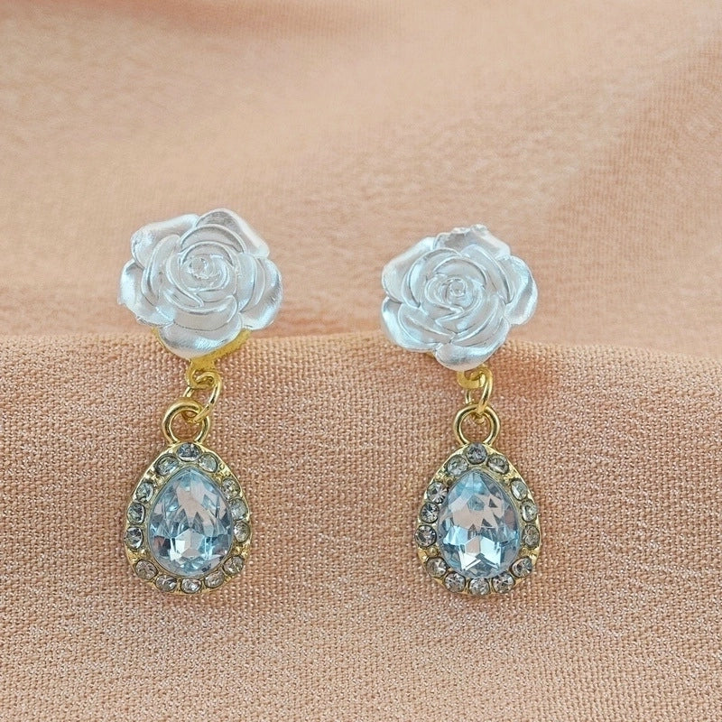 3 Pieces Sweet Heart Shape Rose Flower Inlay Imitation Pearl Alloy Rhinestones Earrings