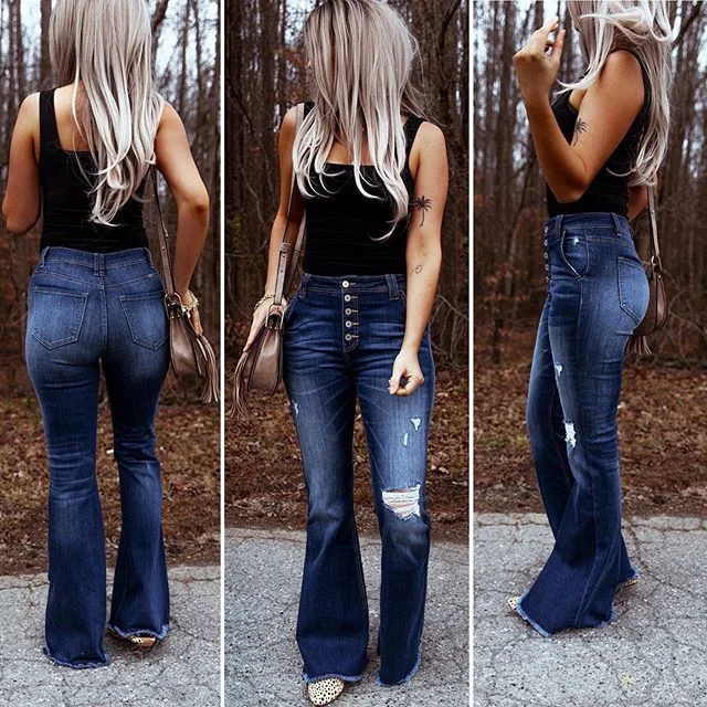 Brownm Ripped High Waist Stretch Flared Pants Jeans