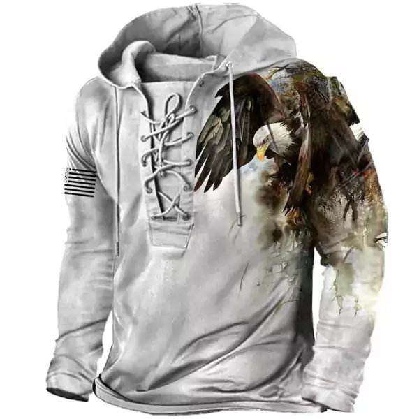 Mens Eagle Print Lace-Up Hooded