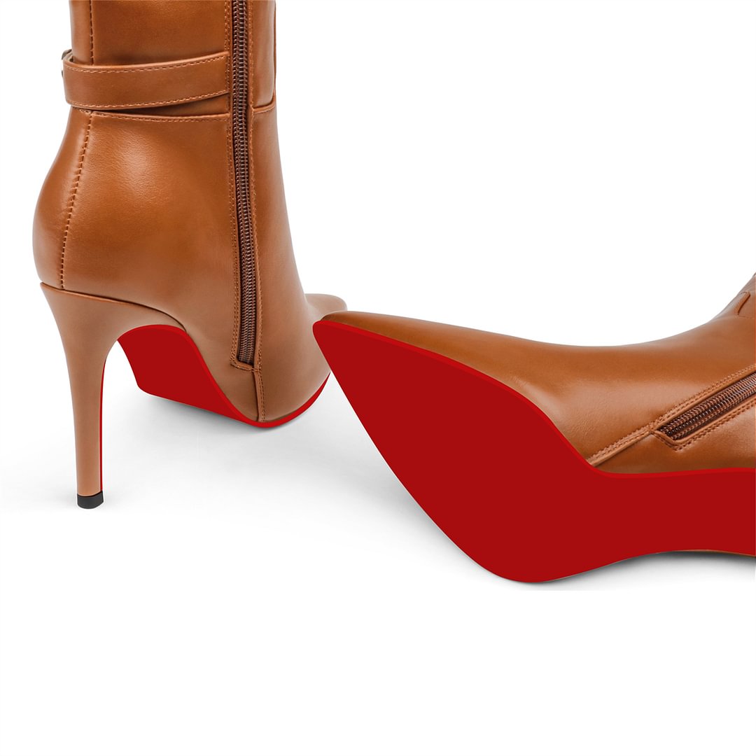 100mm Fashion Zipper Red Bottoms High Heels Metal Buckle Knee Boots-vocosishoes