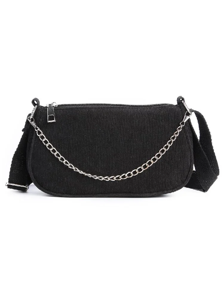 Fashion Corduroy Crossbody Bag Women Solid Chain Shoulder Handbags (Black)
