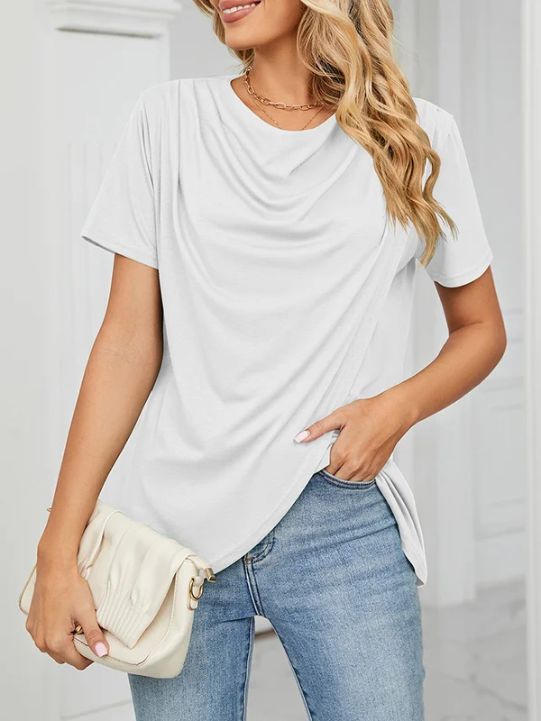 Split-Joint Solid Color Pleated Short Sleeves Loose Round-Neck T-Shirts