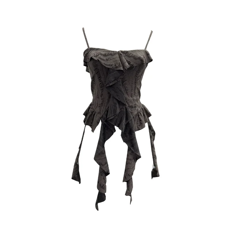 Uveng Dark Wasteland To Make Old Hole Slings Vest Irregular Lotus Side Ribbon Short Sleeveless Top 9238