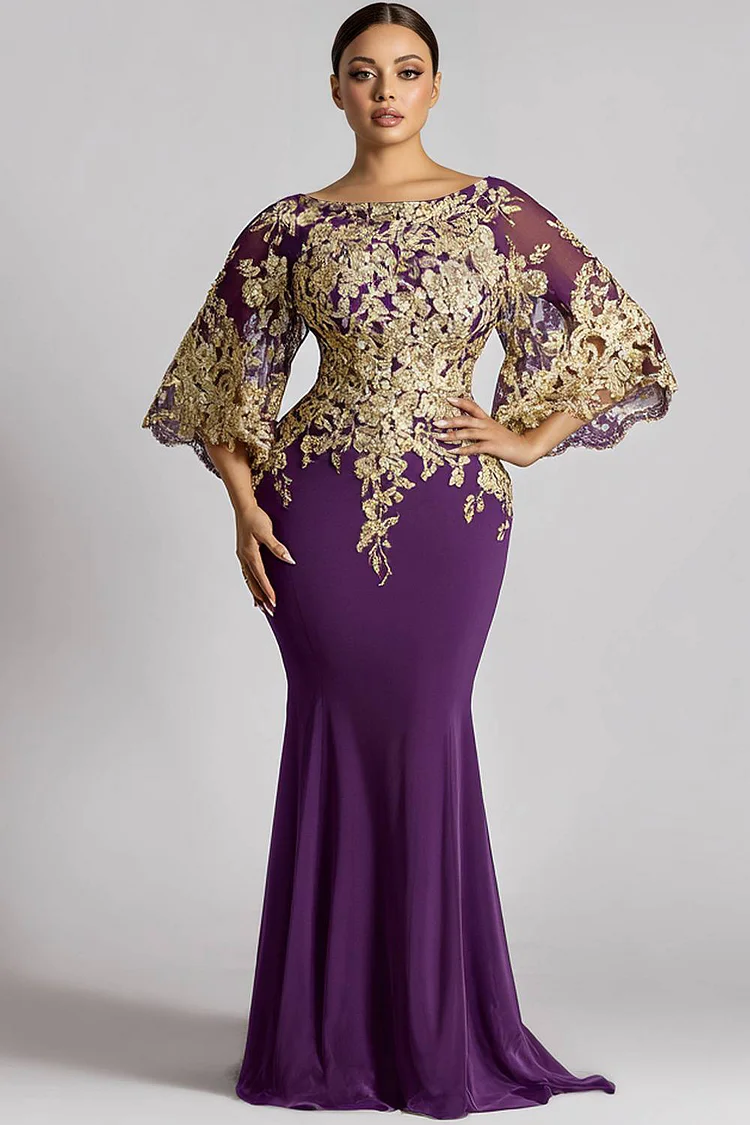 Xpluswear Design Plus Size Formal Chiffon Purple Round Neck 3/4 Sleeve Mermaid See Through Lace Maxi Dresses 2024 - Xpluswear