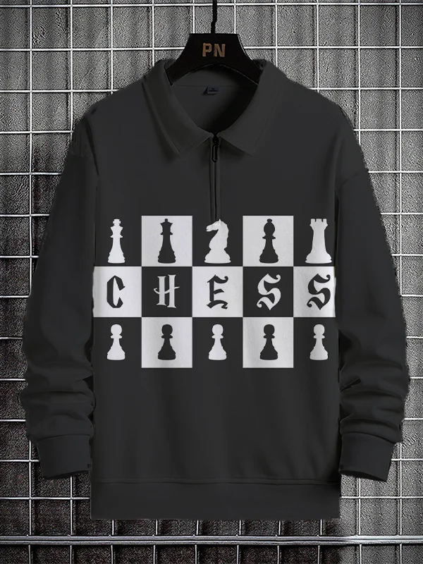Men's Chess Graphic Print Casual Half Zip Sweatshirt