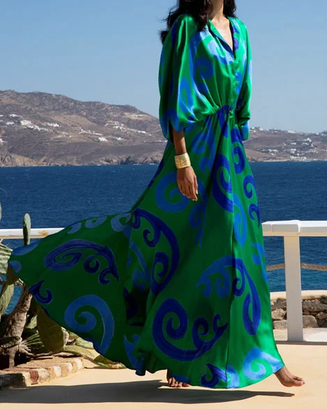 Green Blue Peacock Silk Iris Maxi Dress