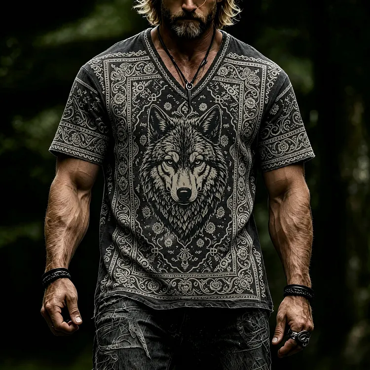 Men's Retro Bohemian Viking Wolf Print T-shirt