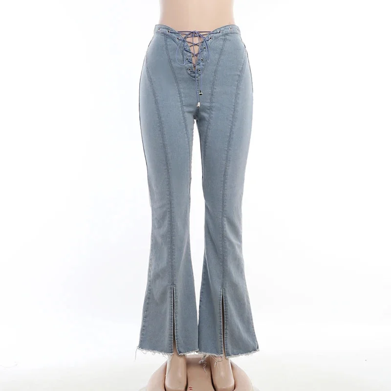 Huiketi Cut Out Split Flare Jeans Women Low Rise Vintage Slim Denim Tousers 2024 Summer Harajuku Runway Clothes jeans woman
