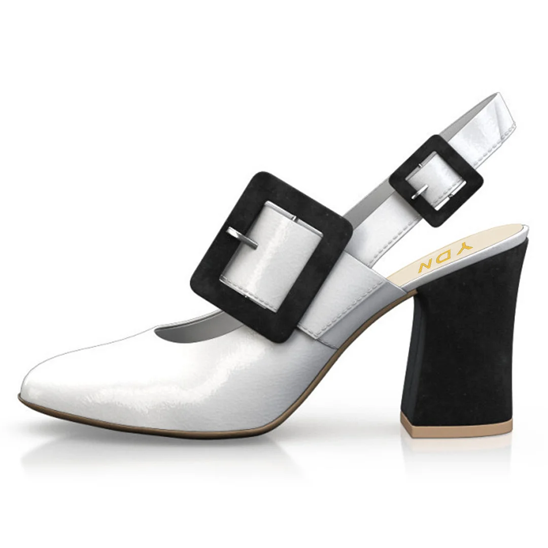 White & Black Round Toe Chunky Heel Patchwork Buckle Slingback Shoes