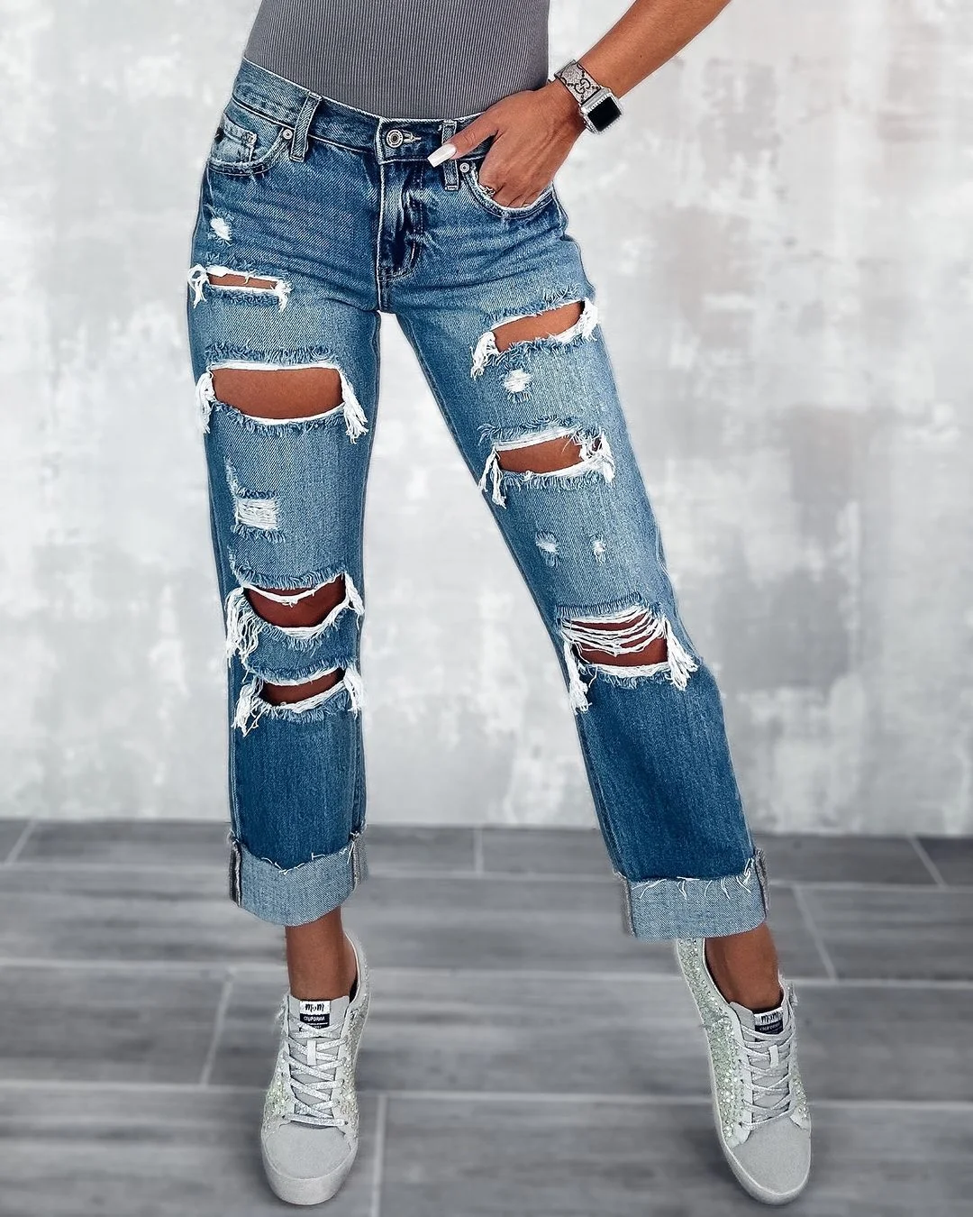 Women's Casual High Waist Straight Ripped Jean Pants