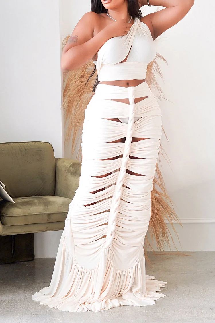 Plus Size White Vacation Pleated Twisted Fishtail Hollowed Two Piece Crop Top Skirt Sets 