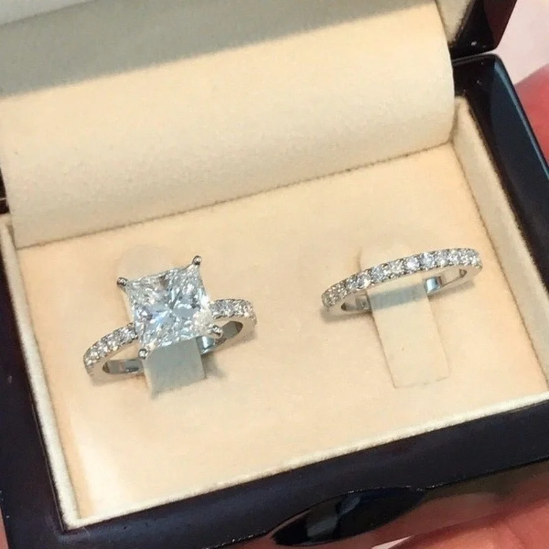 2pcs/set Women Princess Couple Rings Silver Color Square Cut Ring Sets Cubic Zirconia Wedding Jewelry Romantic Ring Sz 6-10