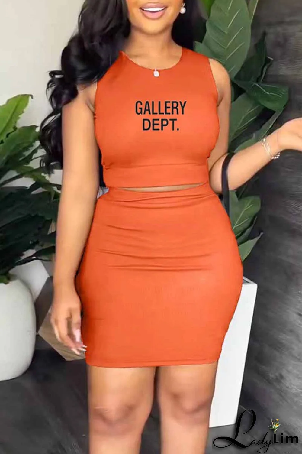 Orange Casual Print Letter O Neck Sleeveless Two Pieces