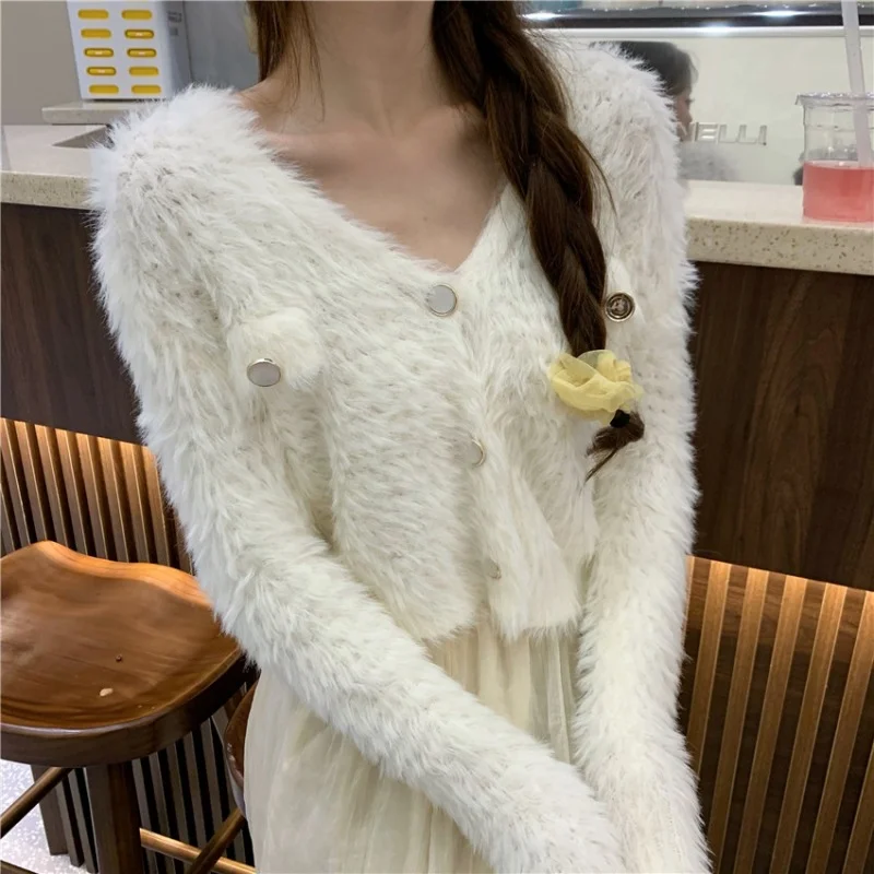 Toloer Toloer Waxy Small Imitation Mink Fur Sweater Cardigan Spring Autumn 2024 New V Neck Knit Slim Short Top-Outfit Ideas