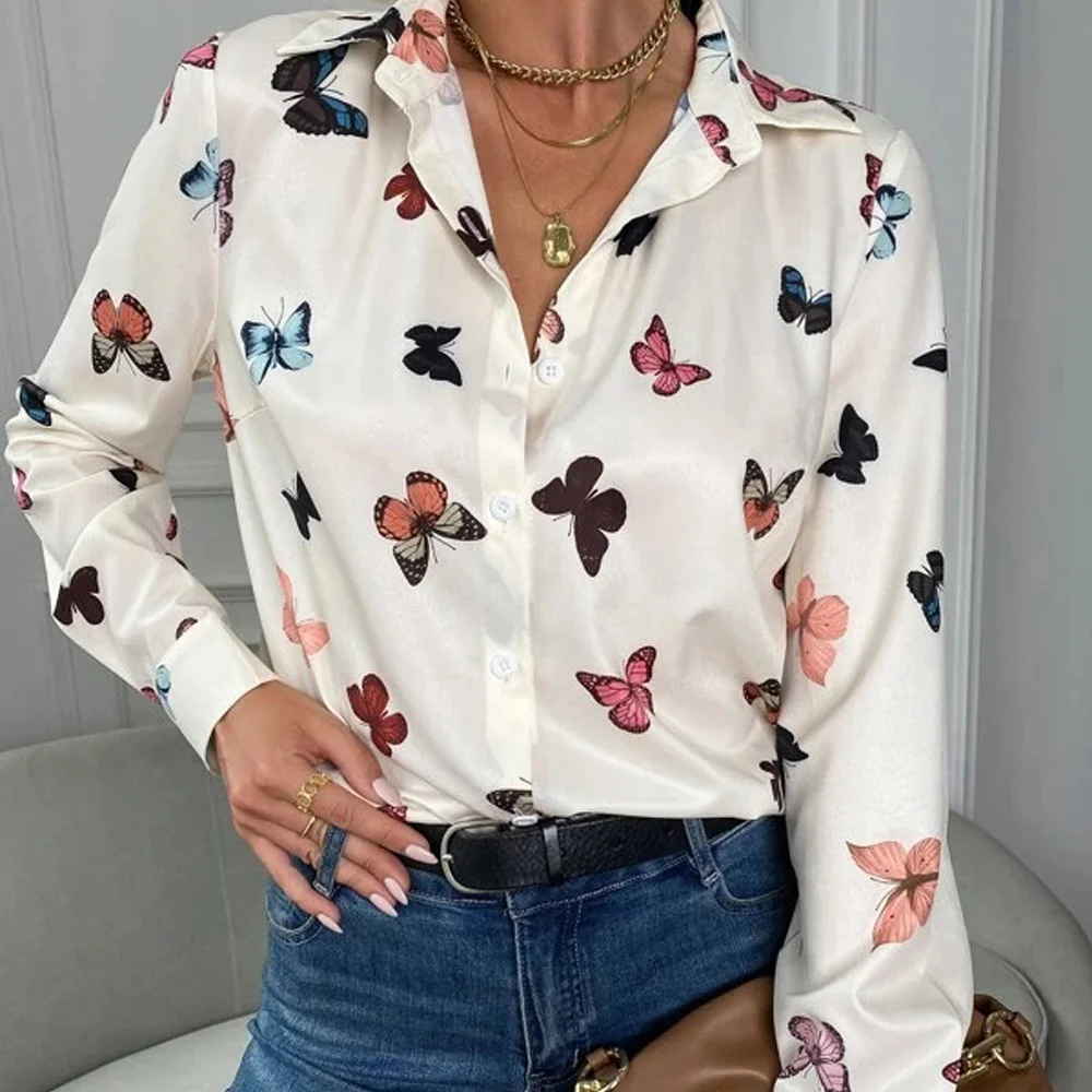 Smiledeer New Women's Fashion Butterfly Print Long Sleeve Lapel Shirt