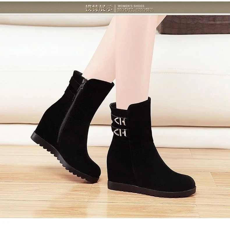 Autumn Winter Casual Women Boots Metal buckle high heel Ladies Ankle Boots Winter Hidden Wedges Women Shoes Marten booties women