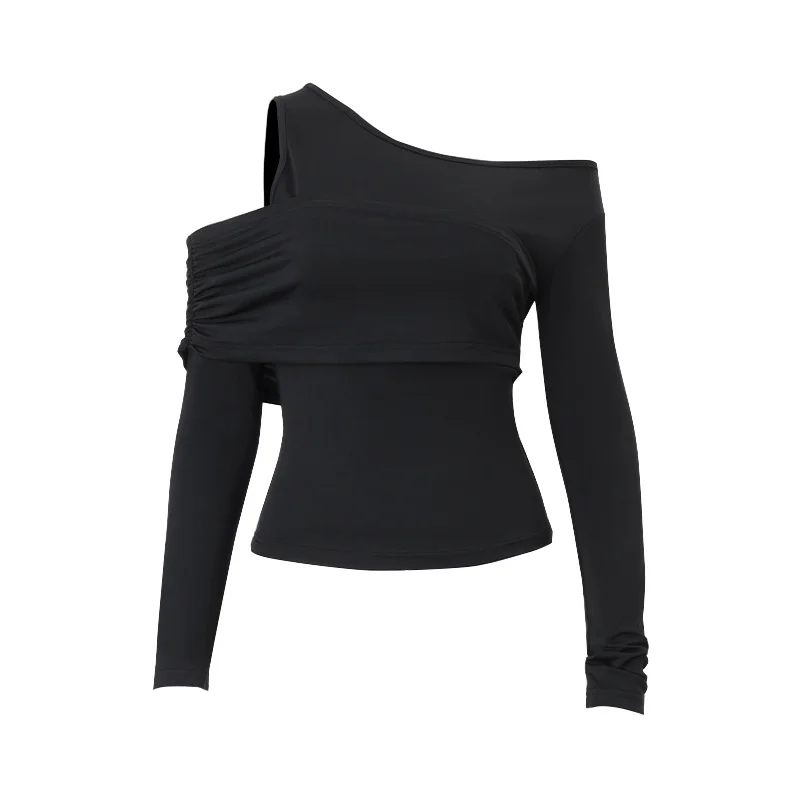 Brownm Brownm Women's Wear 2024 Autumn And Winter New Sexy Diagonal Collar Solid Color Slim And Versatile Knit Long Sleeve Bottom Top