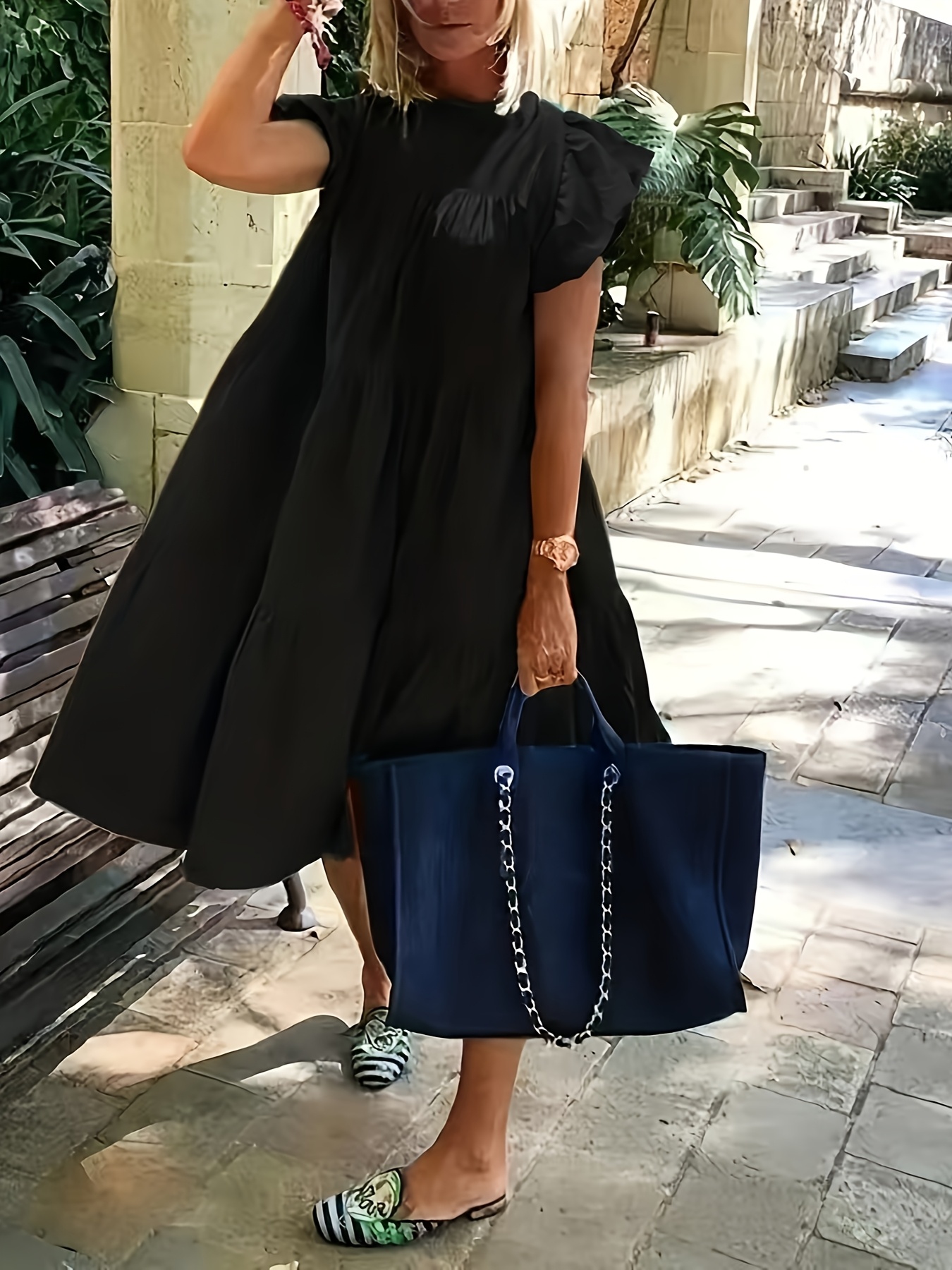 Vibrant Pink Women's Summer Casual Dress | Puff Sleeves, Flared Skirt, Round Neck, Machine-Washable, Comfortable Shoulder Straps, Loose Fit Mid-Length Beach Dress | IFYHOME