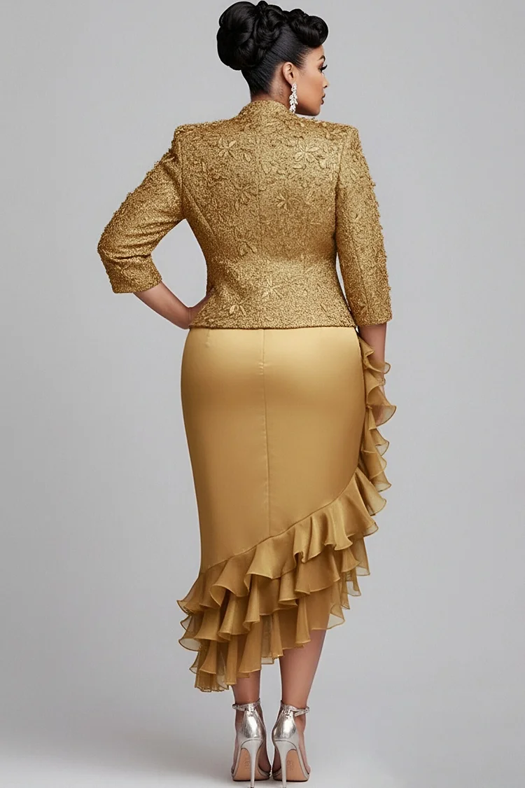 Xpluswear Design Plus Size Churchs Gold 3/4 Sleeve Ruffle Elegant 3D Two Piece Dress Set Gold-2XL/18-20