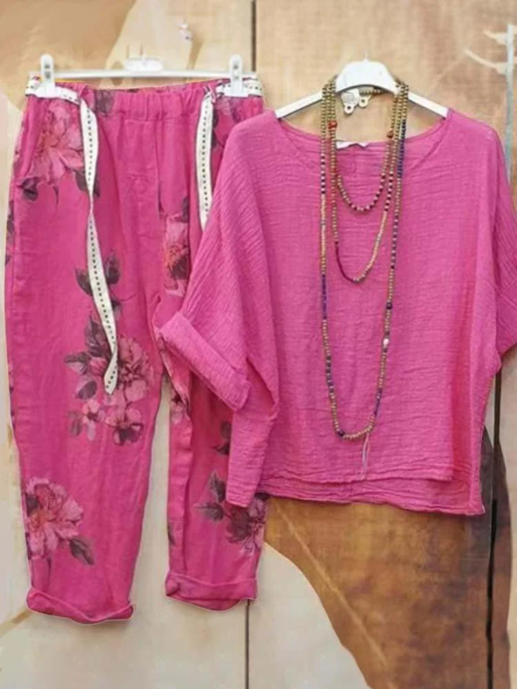 Round Neck Top Printed Pants Two-Piece Set For Women