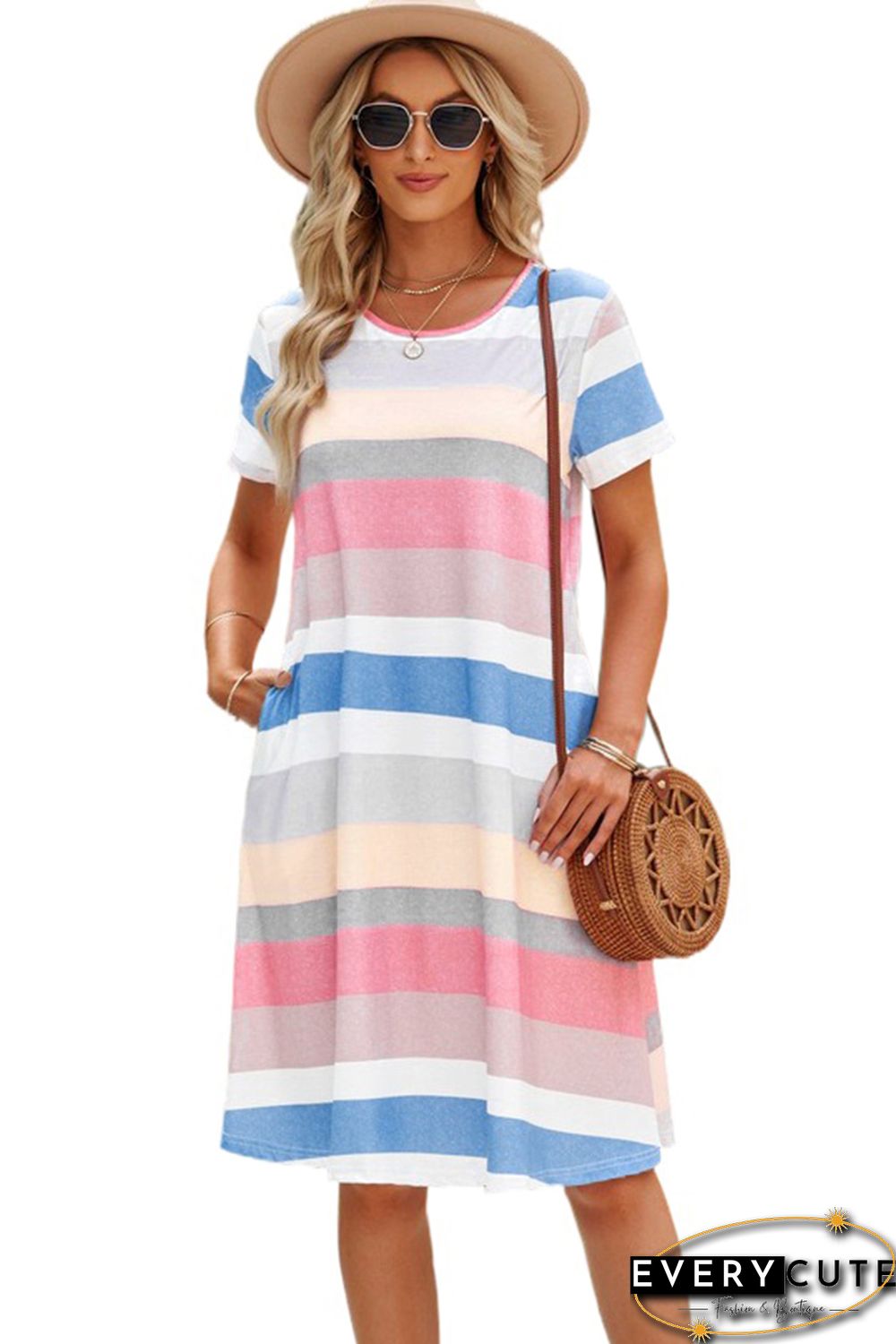 Multicolor Striped Pocket T Shirt Dress