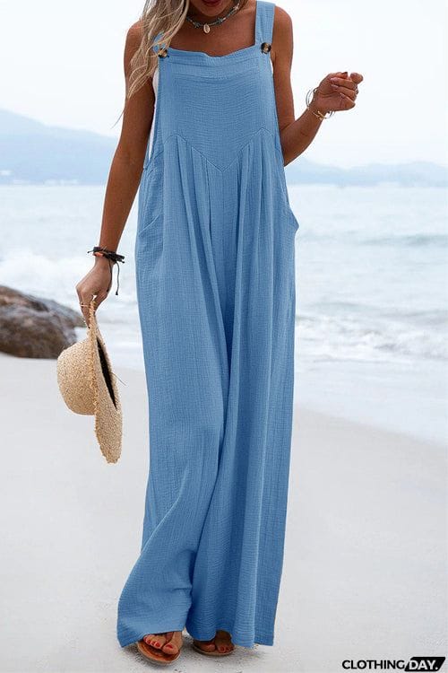 Solid Button Sling Wide-Leg Jumpsuit