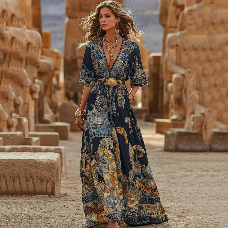 Women's Vintage Egyptian Pattern Casual V Neck Maxi Dress