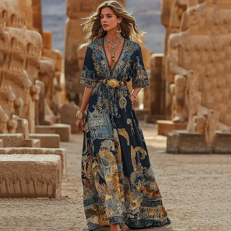 Women's Vintage Egyptian Pattern Casual V Neck Maxi Dress