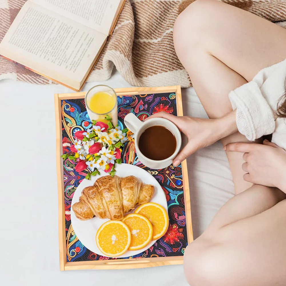 DIY Butterfly Wooden Diamond Painting Dinning Table Tray with Handle for Serving Food