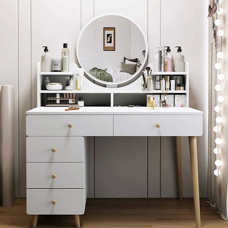 White Original Wood Color Round Mirror Drawer Wooden Dressing Table