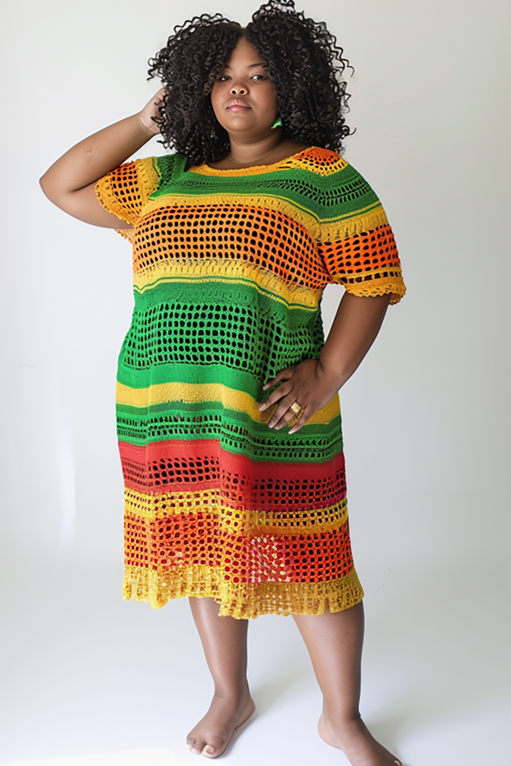 Design Plus Size Vacation Multicolor Colorblock Round Neck Short Sleeve Cut Out Crochet Midi Dresses [Pre-Order]