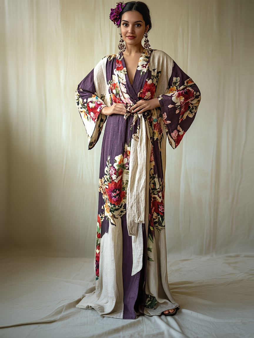 Women's Purple Poppy Kimono Linen Robe (Including Belt)
