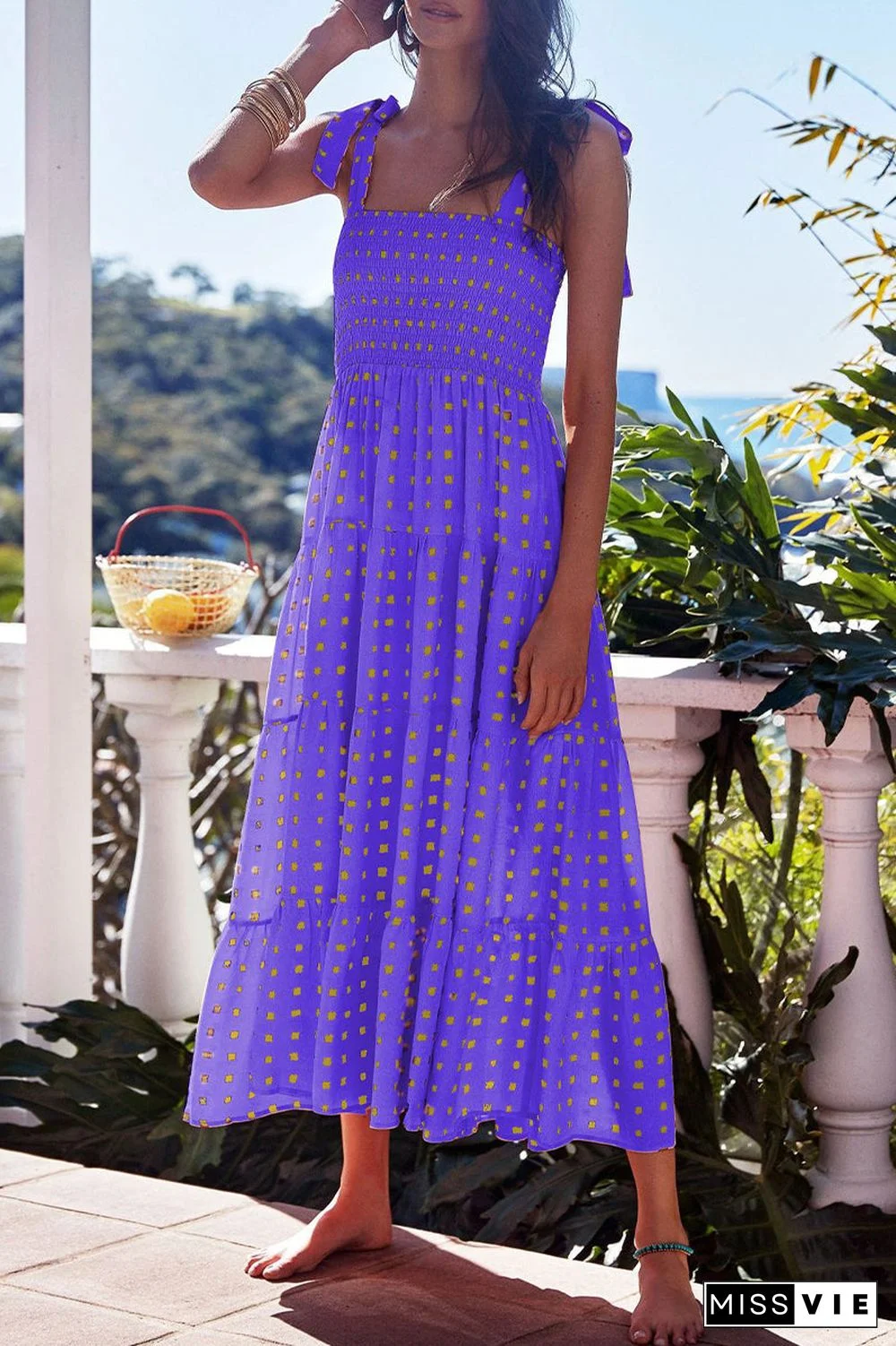 Fashion Street Dot Patchwork Spaghetti Strap Printed Dresses