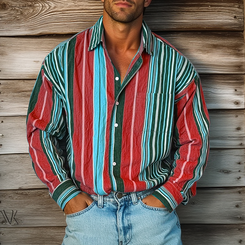 Men's Retro Colorblock Casual Striped Print Loose Long Sleeve Shirt