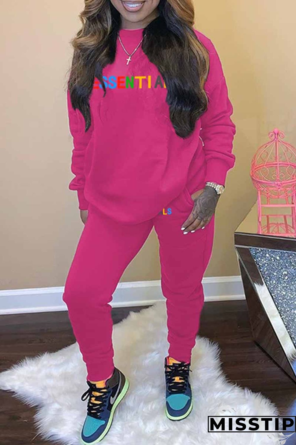 Black Casual Print Letter O Neck Long Sleeve Two Pieces