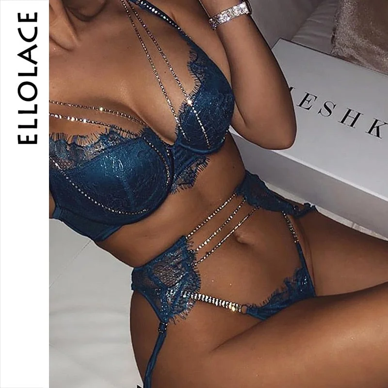 Ellolace Sexy Lingerie Underwear For Women Push Up Bra Rhinestone Bra & Brief Set Underwire Bralette and Panties Erotic Lingerie