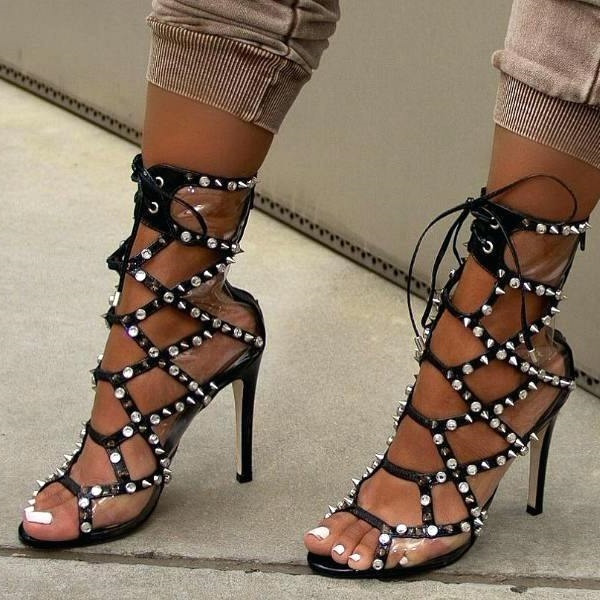 Black Open Toe Stiletto Heel Gladiator Sandals with Studs Nicepairs