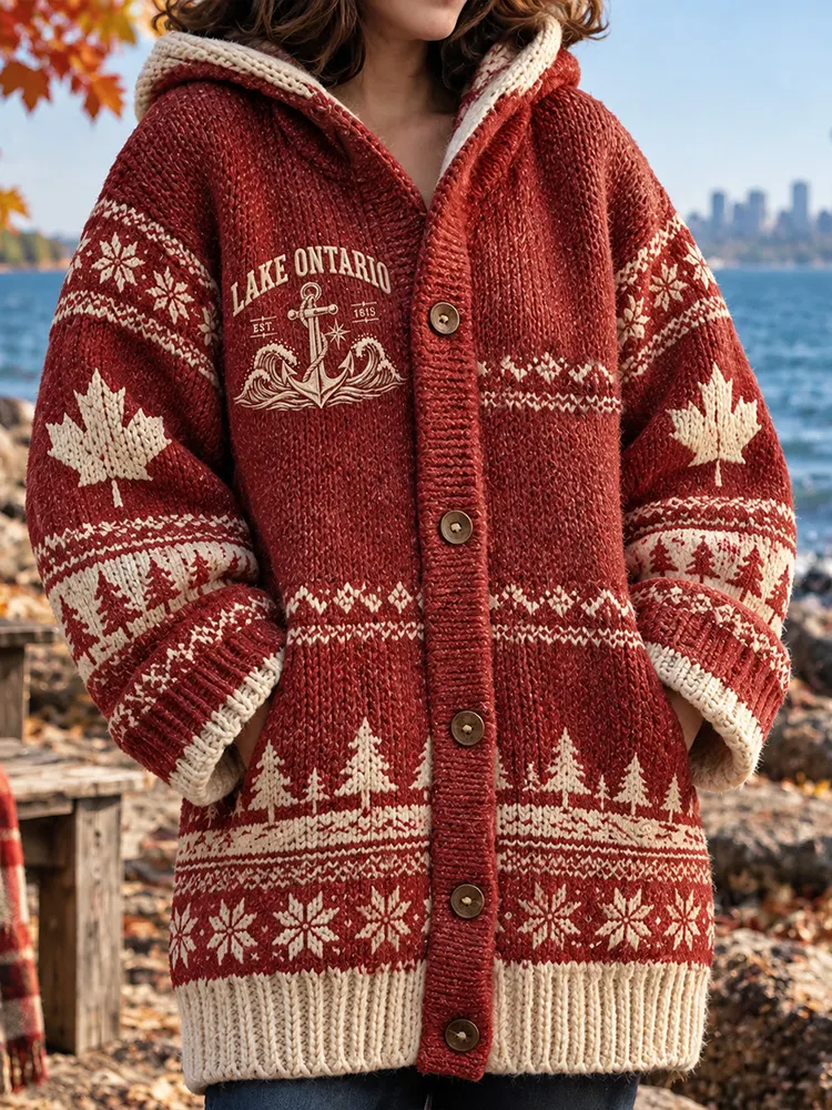 Comstylish Women's Vintage Lake Ontario Fair Island Knit Casual Warm Hooded Cardigan Sweater