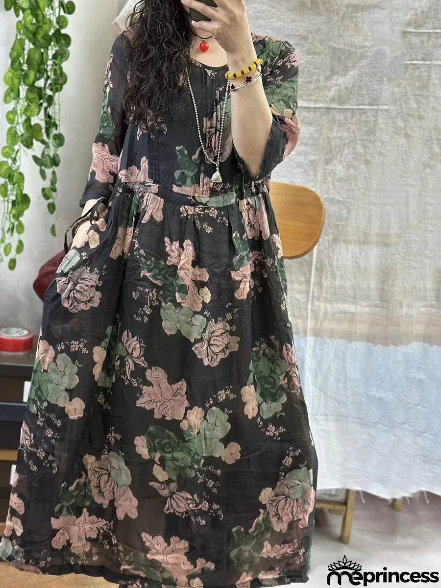 Women Summer Floral Artsy Strap Ramie Dress