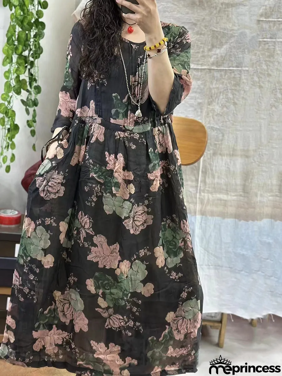 Women Summer Floral Artsy Strap Ramie Dress