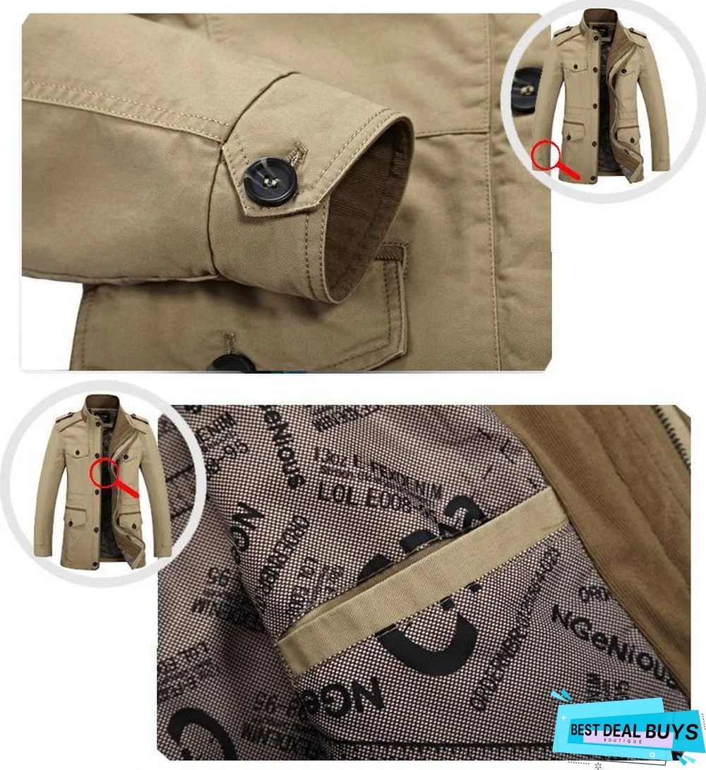 Mens Fashion Brand Casual Jacket Stand Collar Fat Slim Washed Cotton Long Jacket Coat Outwear