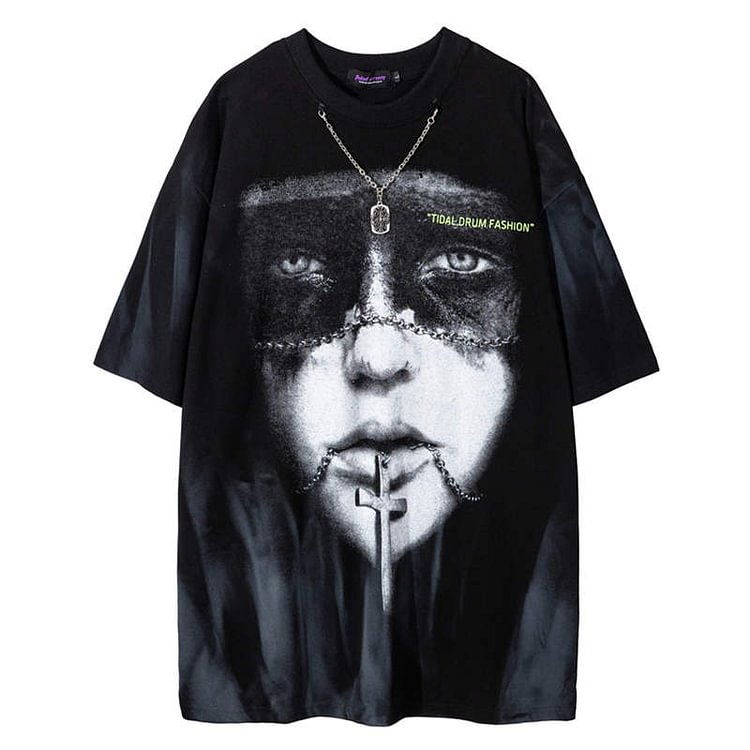 Face Cross Print Round Collar Casual Street T-Shirt - Modakawa Modakawa