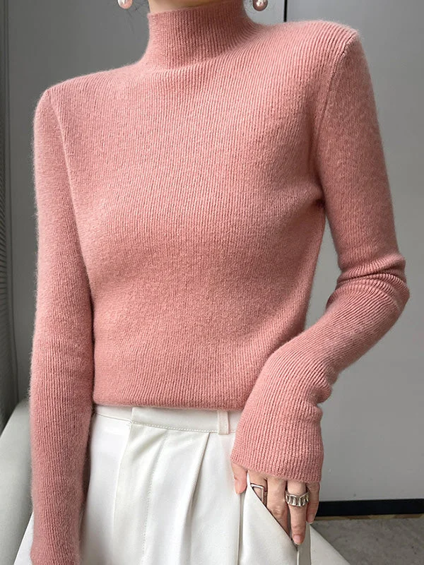 Casual Skinny Long Sleeves Solid Color Half Turtleneck Sweater Tops