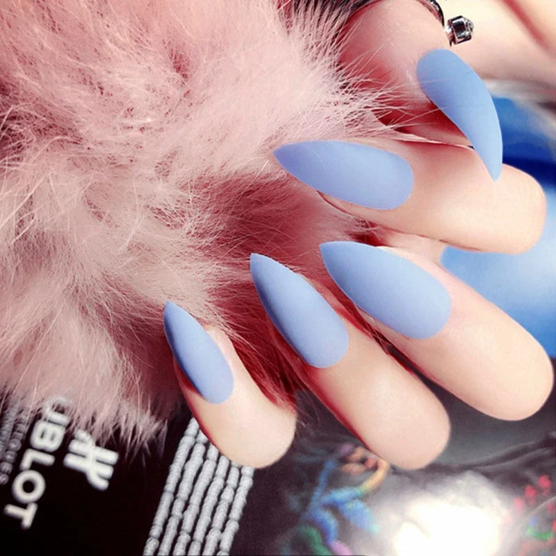 24Pcs Full Cover Pointed Head Scrub Temperament white matte false nails Wearable Stiletto Fake press on Nail with Glue for gils-Nail Inspo