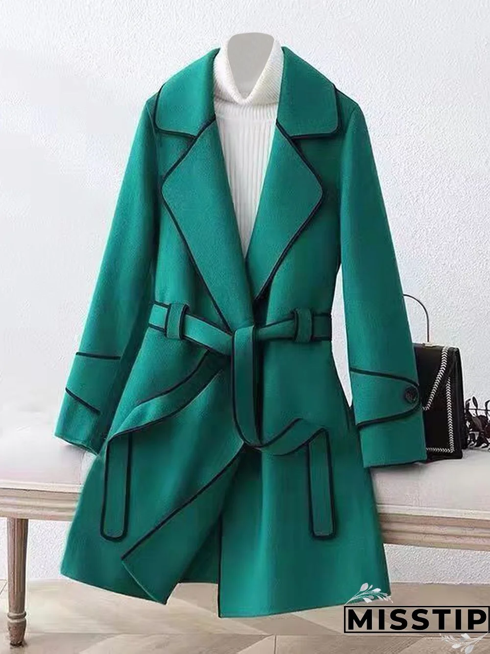 Winter Warm Woolen Blend Lapel Coat with Belt