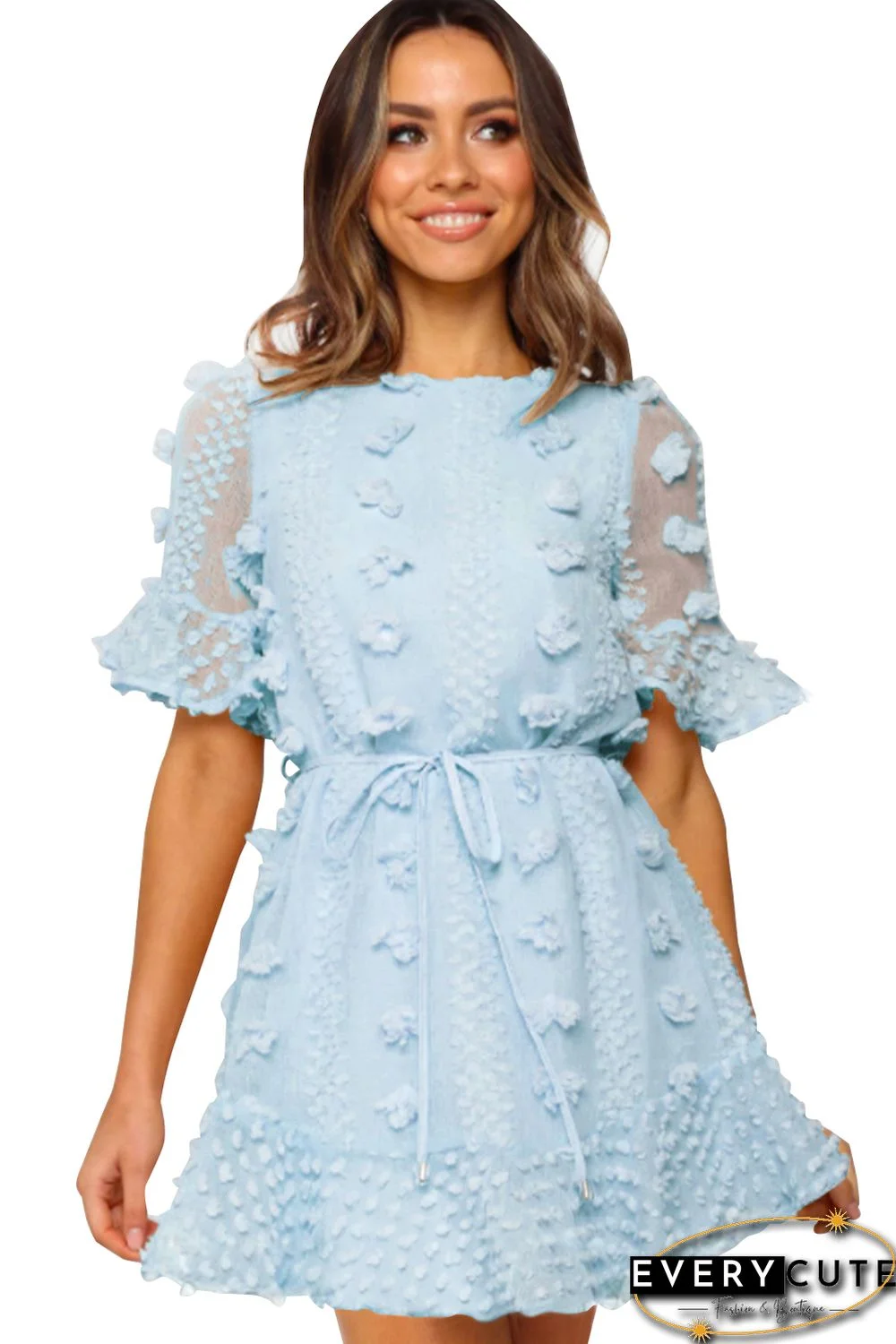 Sky Blue Crew Neck Swiss Dot Mini Dress