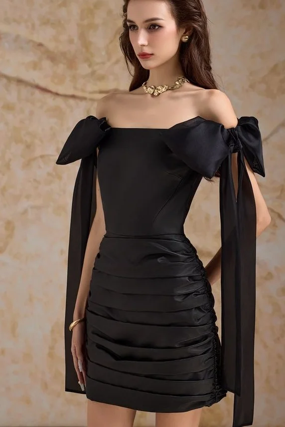 Black Stylish Off-The-Shoulder Bow-Knot Pleated Mini Homecoming Dress HC0188